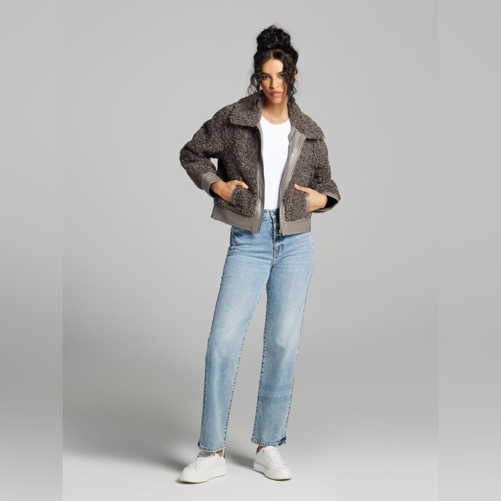 New York & Co GABRIELLE UNION Kalei Long Sleeve Faux-Fur Jacket Grey Bomber NWT